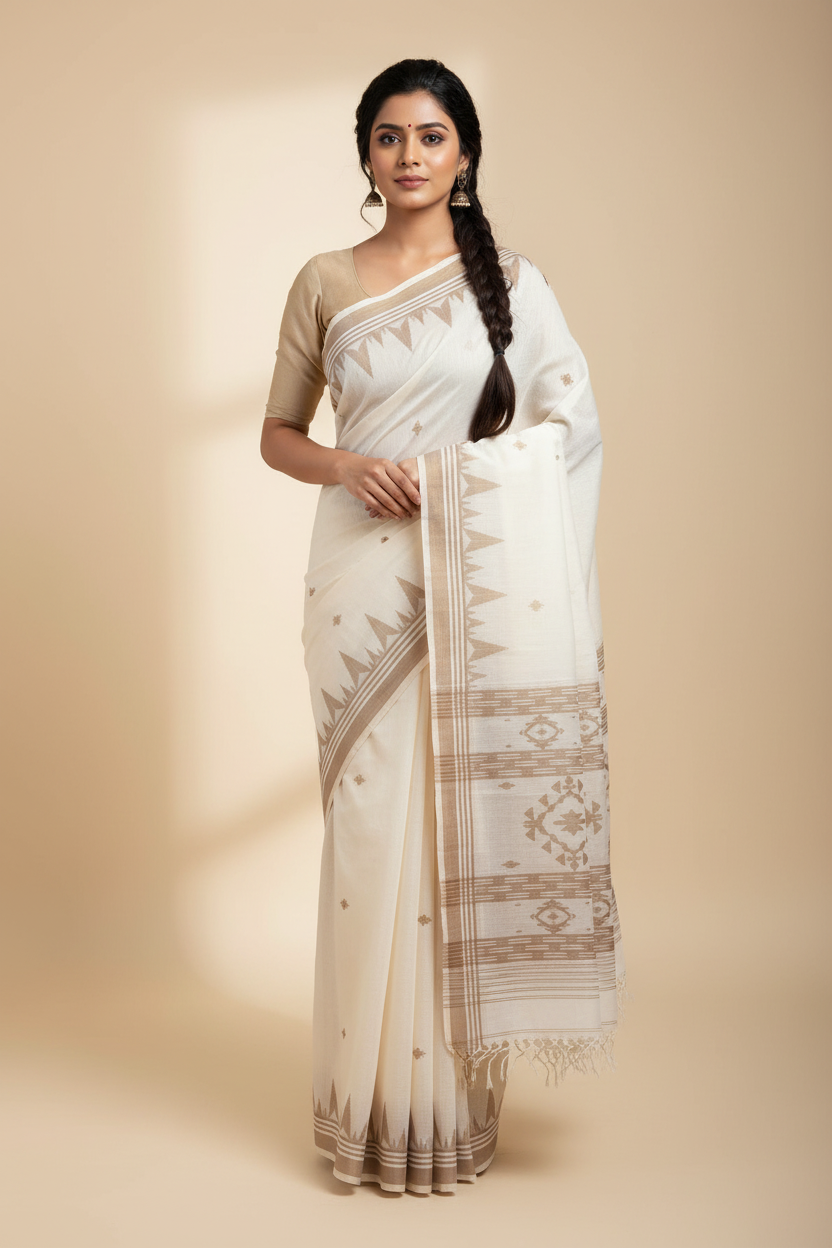 Off White Handloom Jamdhani Saree with Tawny Brown Border and Motifs