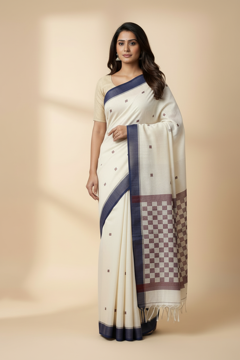 Off White Handloom Khadi Daba Anchal Saree