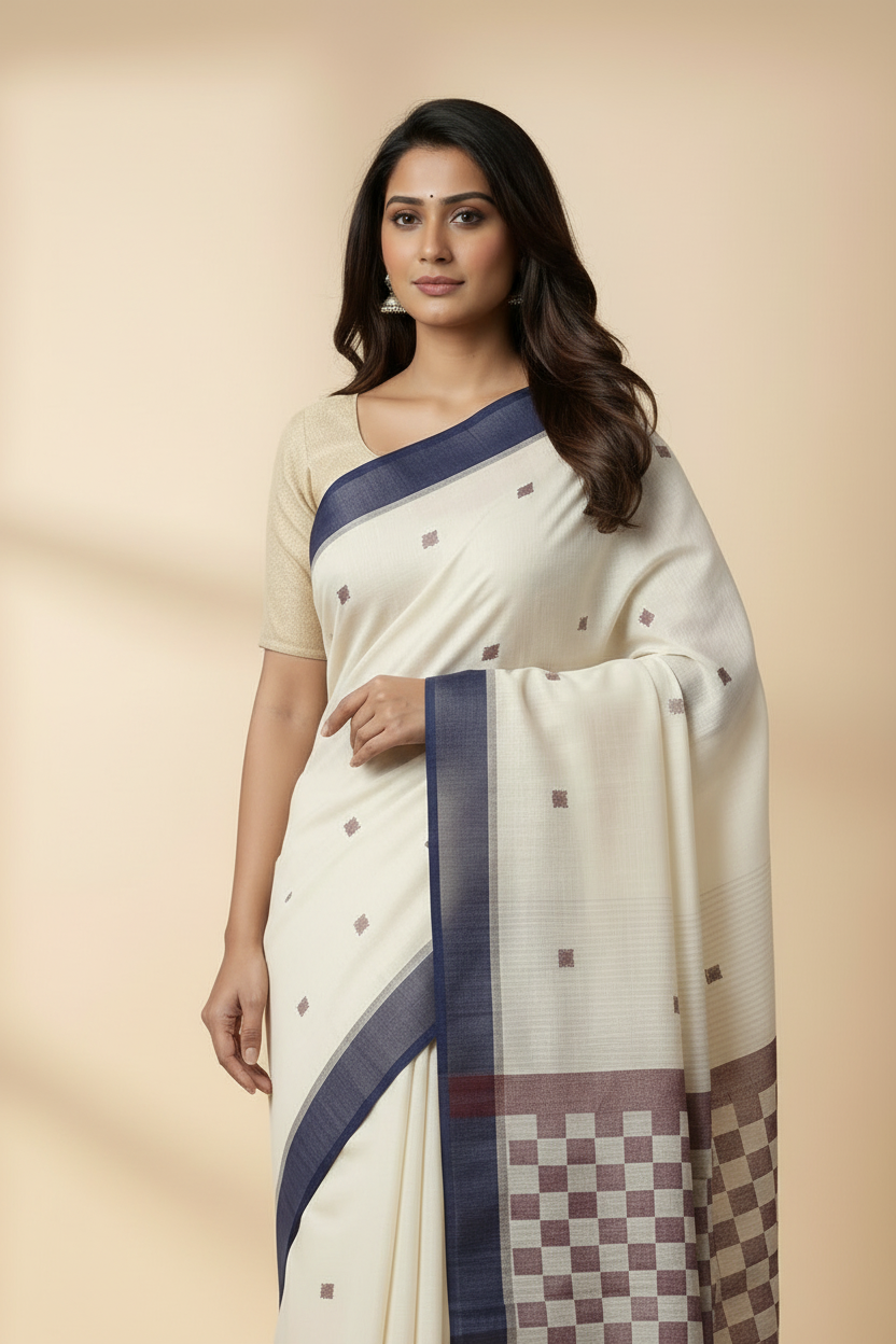 Off White Handloom Khadi Daba Anchal Saree