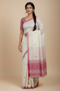 Off White Handloom Jamdhani Khadi Saree with Pink Motifs and Border