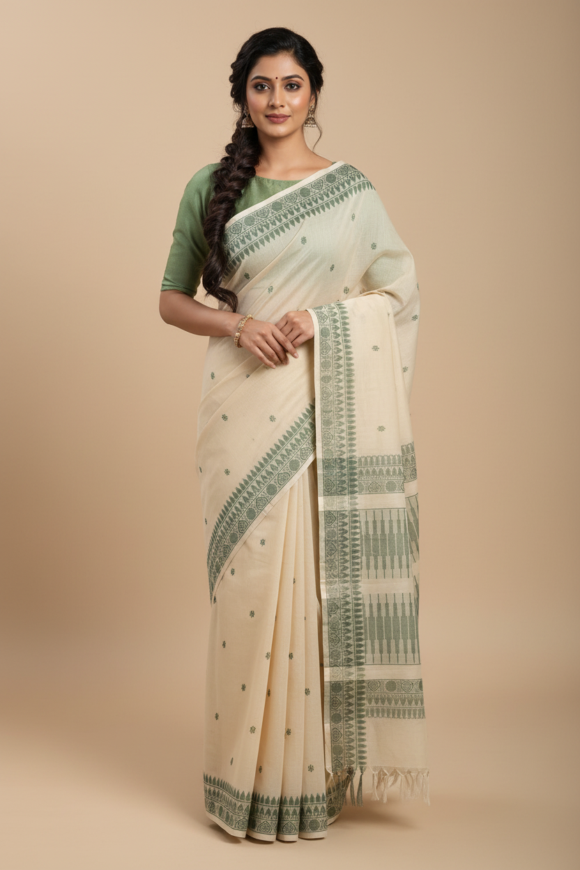 Off White Handloom Organic Kanchi Cotton Saree