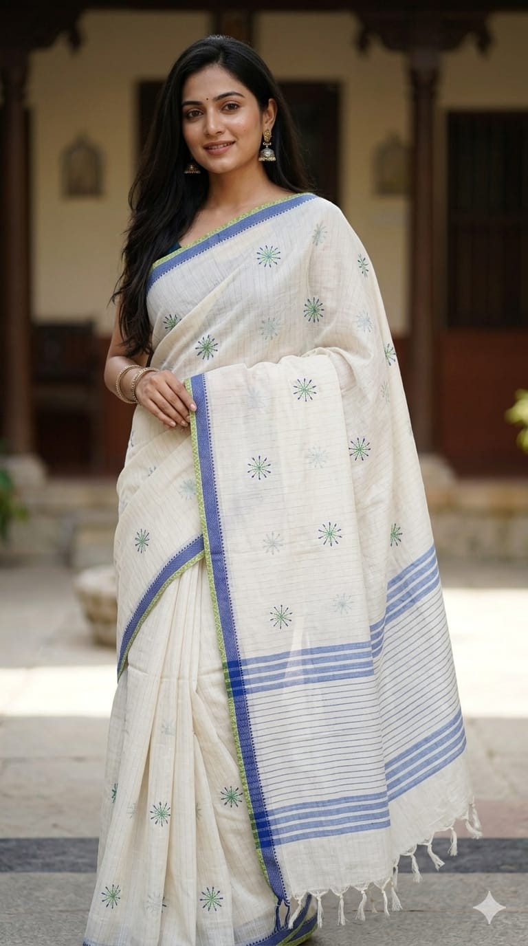 Off White Handloom Venkatagiri Cotton Saree with Dandelion Embroidery Motifs