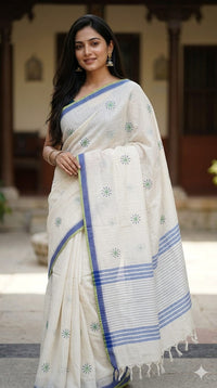 Off White Handloom Venkatagiri Cotton Saree with Dandelion Embroidery Motifs