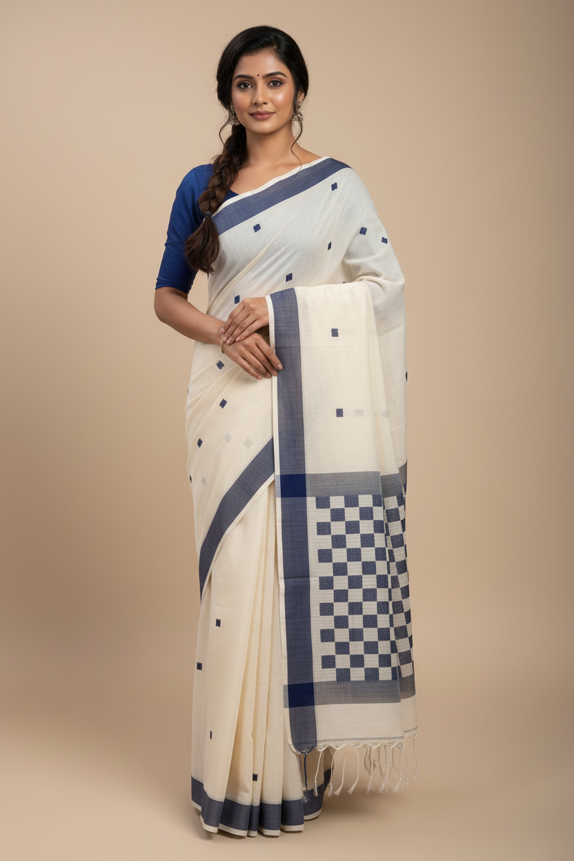 Off White Handloom Khadi Jamdani Saree with Blue Border