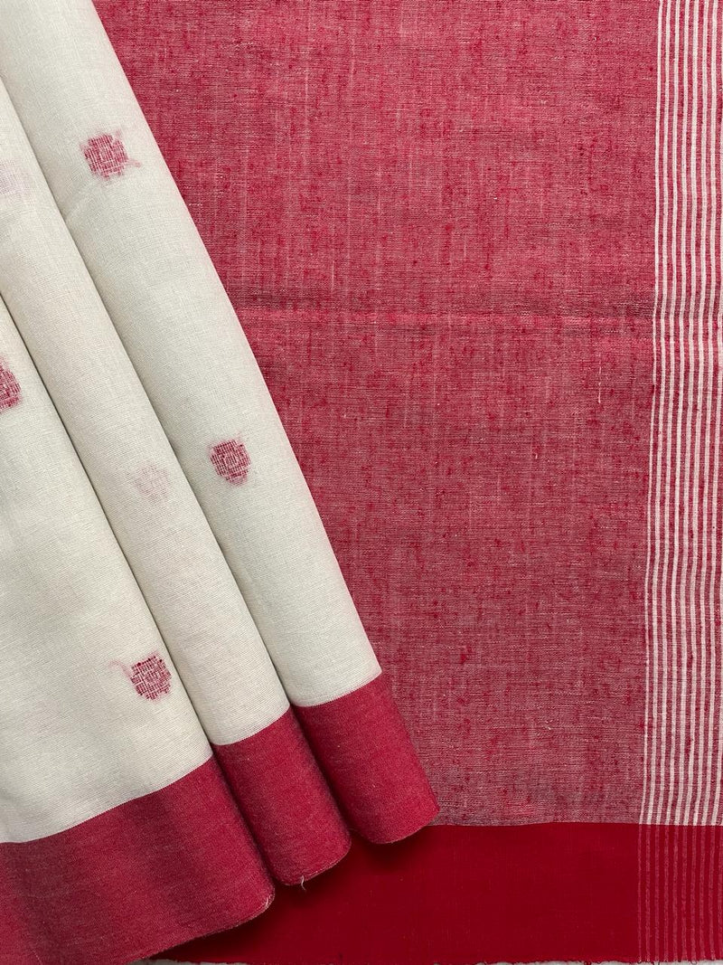 Off White Khadi Saree with Red motifs & Border