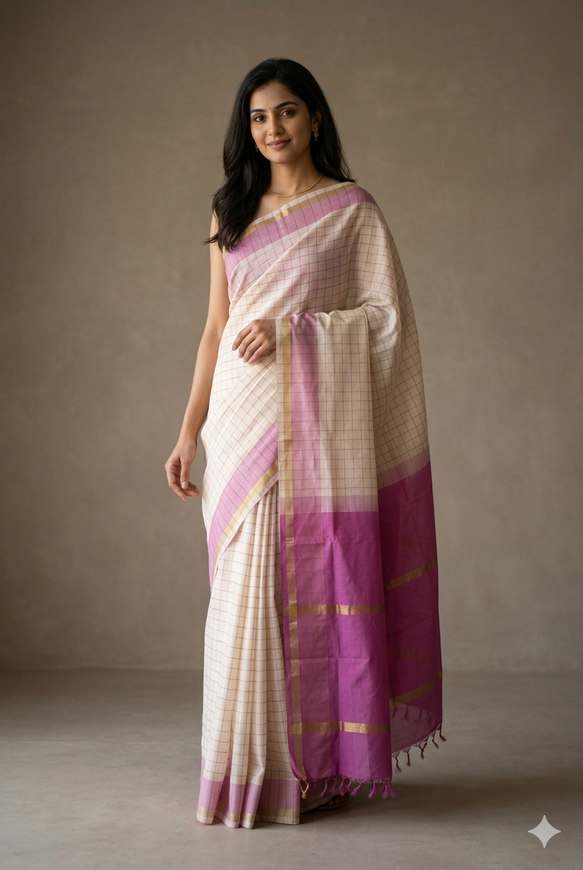 Off White Checkered Handloom Venkatagiri Silk Cotton Saree with Pink Pallu