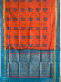 Orange Handloom Kanchi Cotton Saree with Blue Border