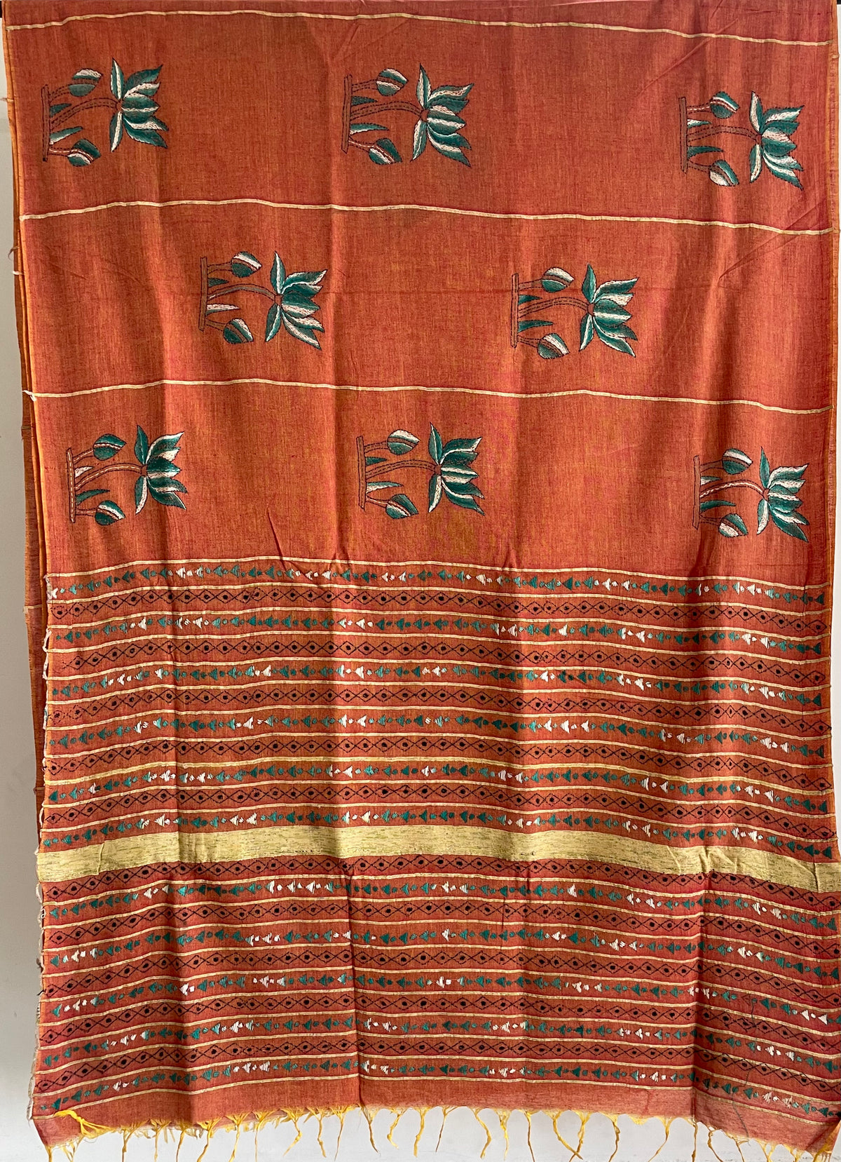 Orange Handloom Kesh Kantha Saree