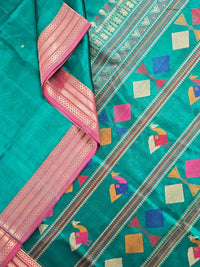 Peacock Green Handloom Kanchi Silk Cotton Saree with Bomkai Pallu