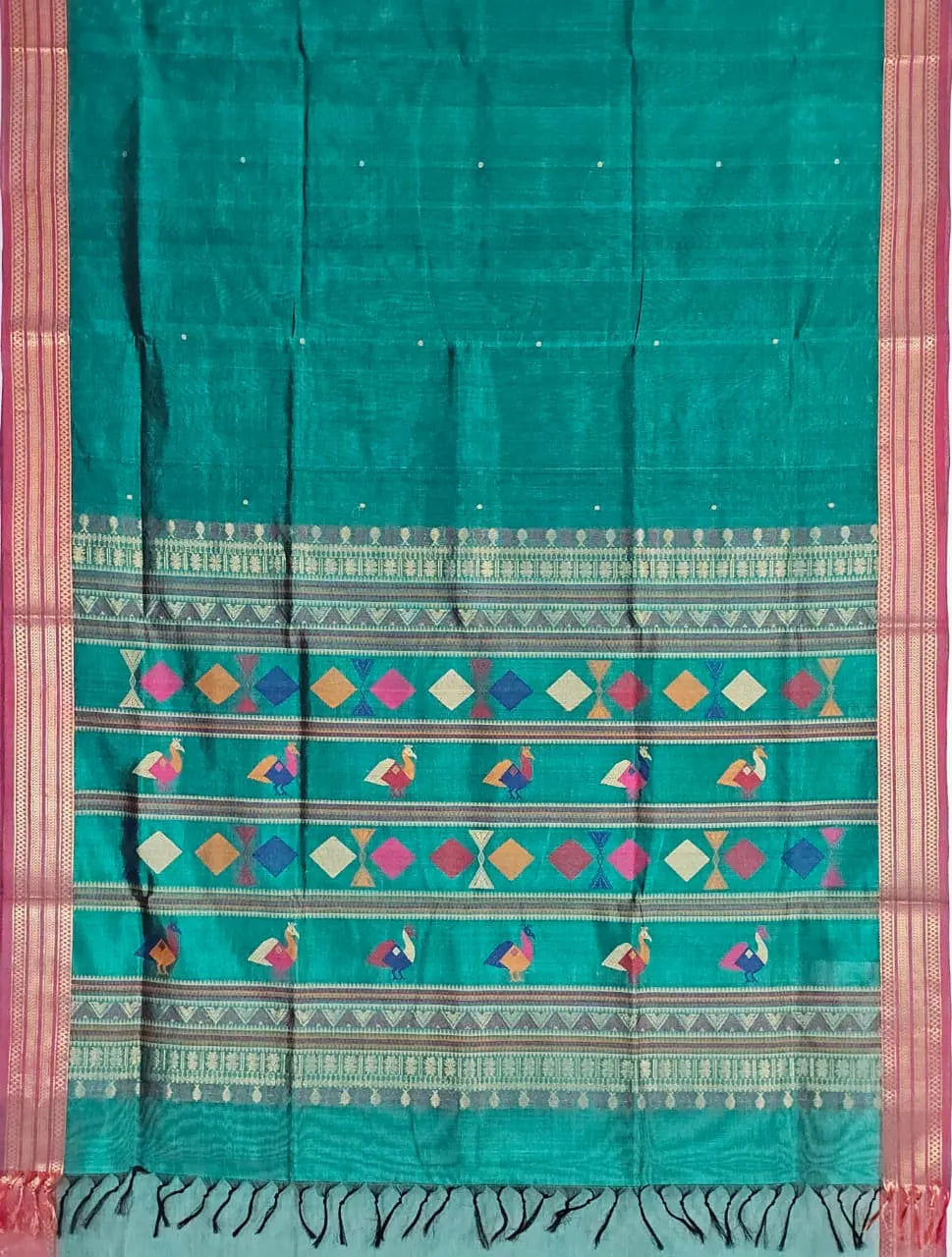 Peacock Green Handloom Kanchi Silk Cotton Saree with Bomkai Pallu