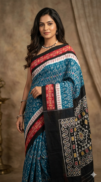 Woman wearing Peacock Blue Handloom Pochampally Ikkat Mercerized Cotton Saree