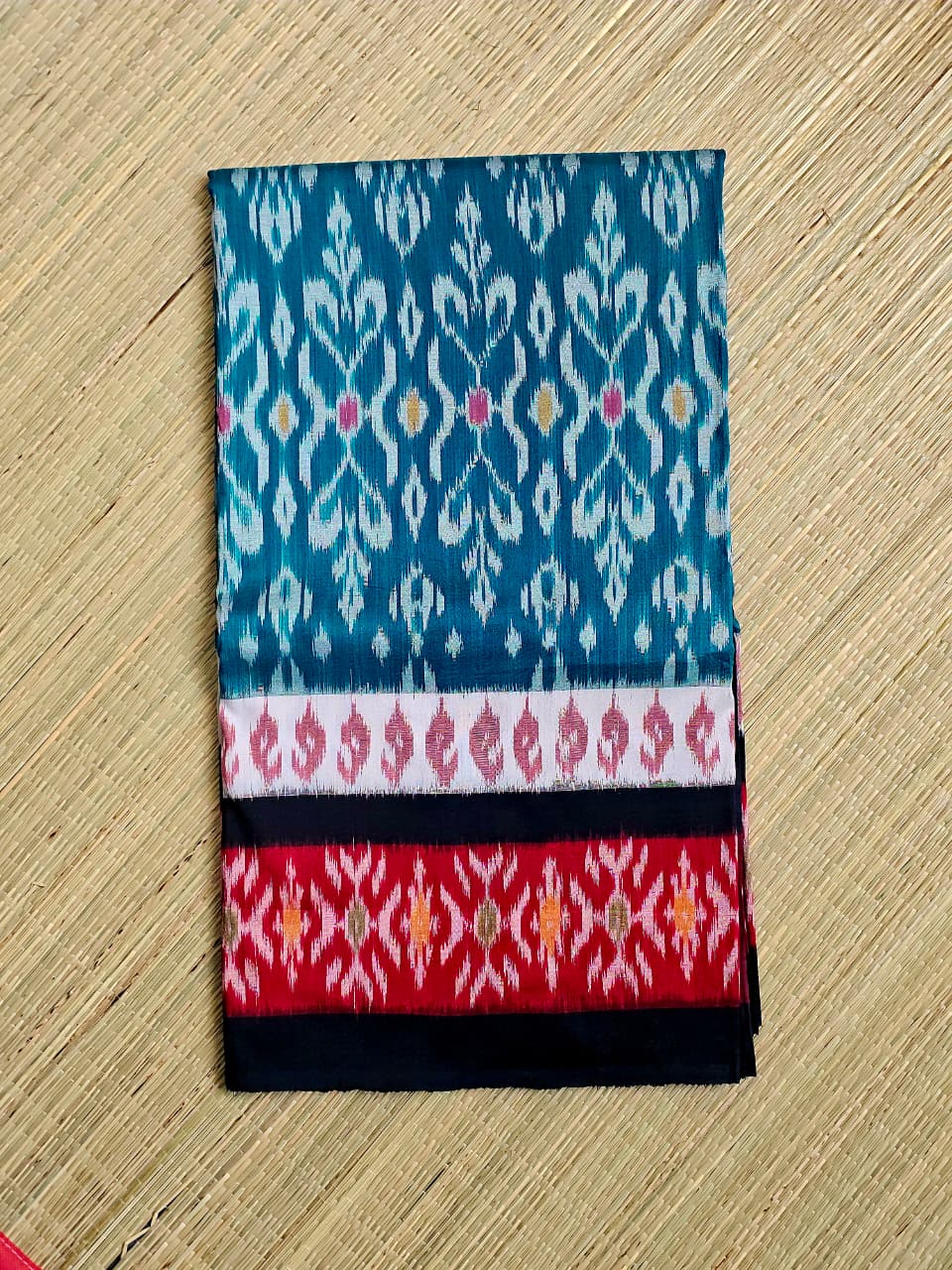 Peacock Blue Handloom Pochampally Ikkat Mercerized Cotton Saree