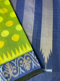 Pear Green Ikkat Cotton Saree with Royal Blue Border