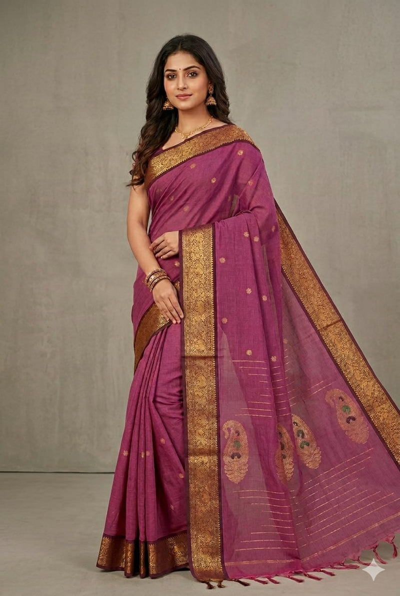 woman in Pink Handloom Venkatagiri Cotton Saree with Rettai pet Zari Border 