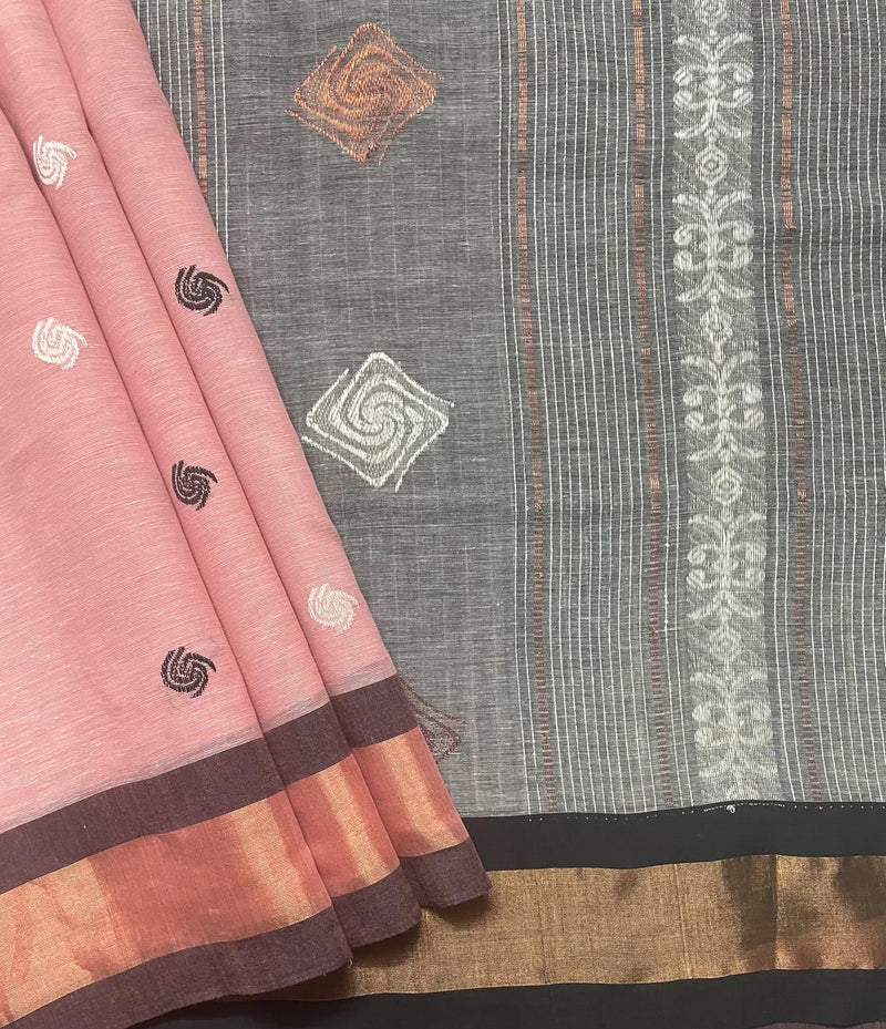 Pink Khadi Jamdhani Saree with Copper Zari Border