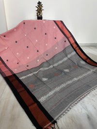 Pink Khadi Jamdhani Saree with Copper Zari Border