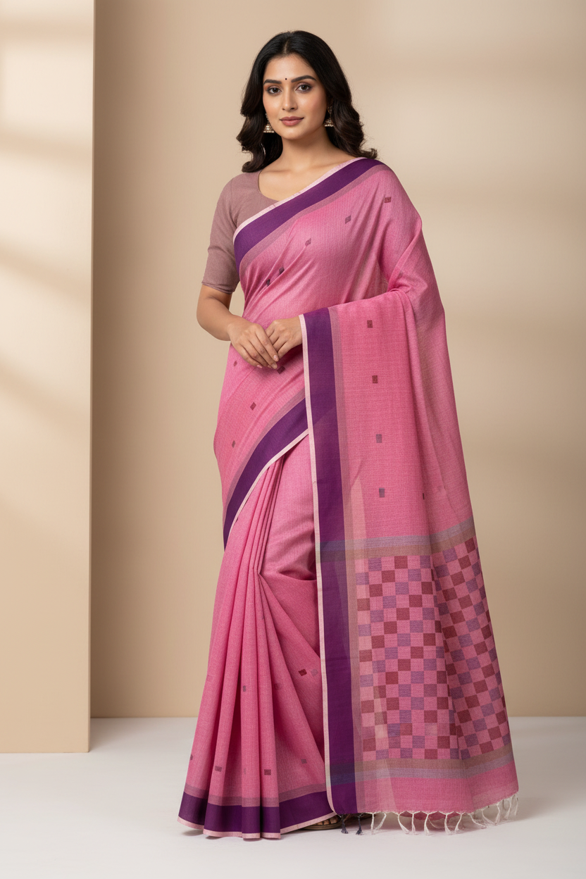 Pink Handloom Khadi Daba Anchal Saree
