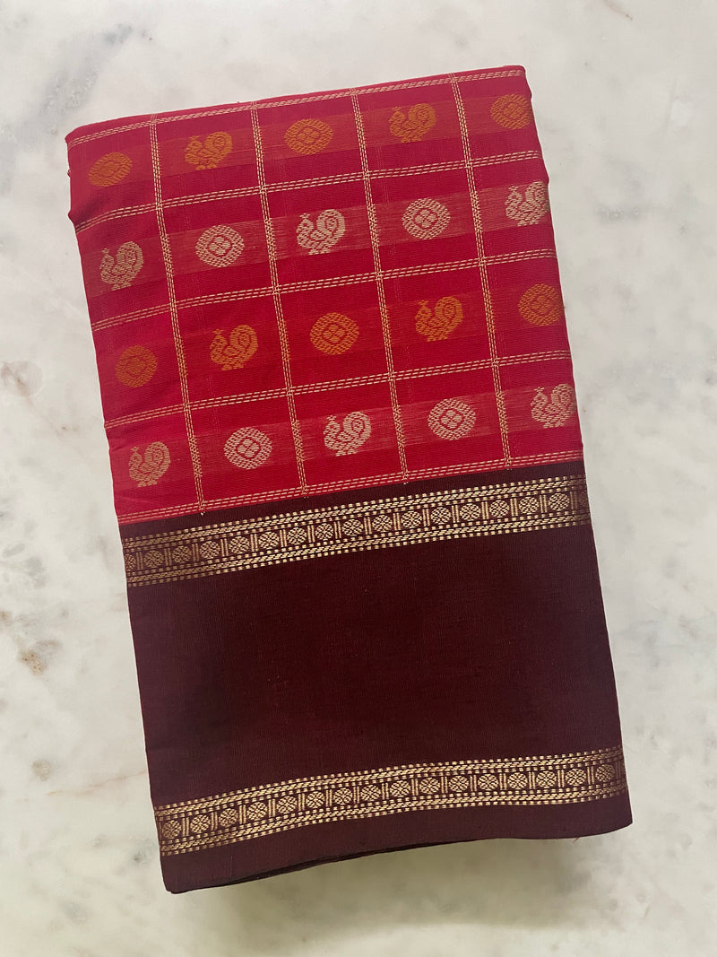 Pink Thousand Butta Handloom Kanchi Cotton Saree with Burgundy Zari Rettai Pet Border