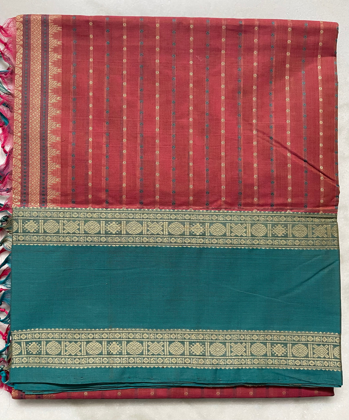 Pink & Orange Dual Tone Handloom Kanchi Cotton Saree