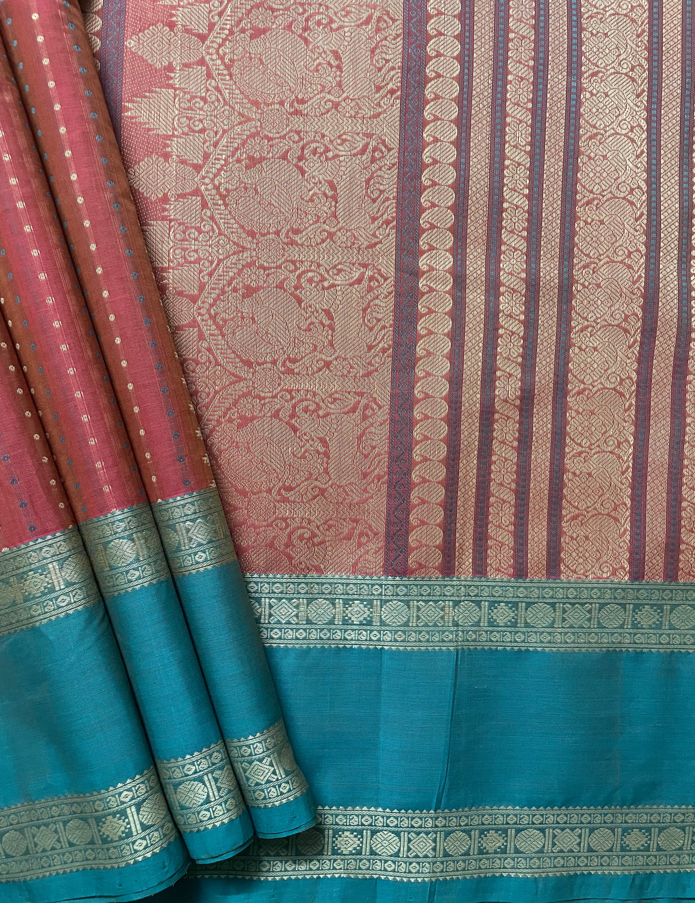 Pink & Orange Dual Tone Handloom Kanchi Cotton Saree