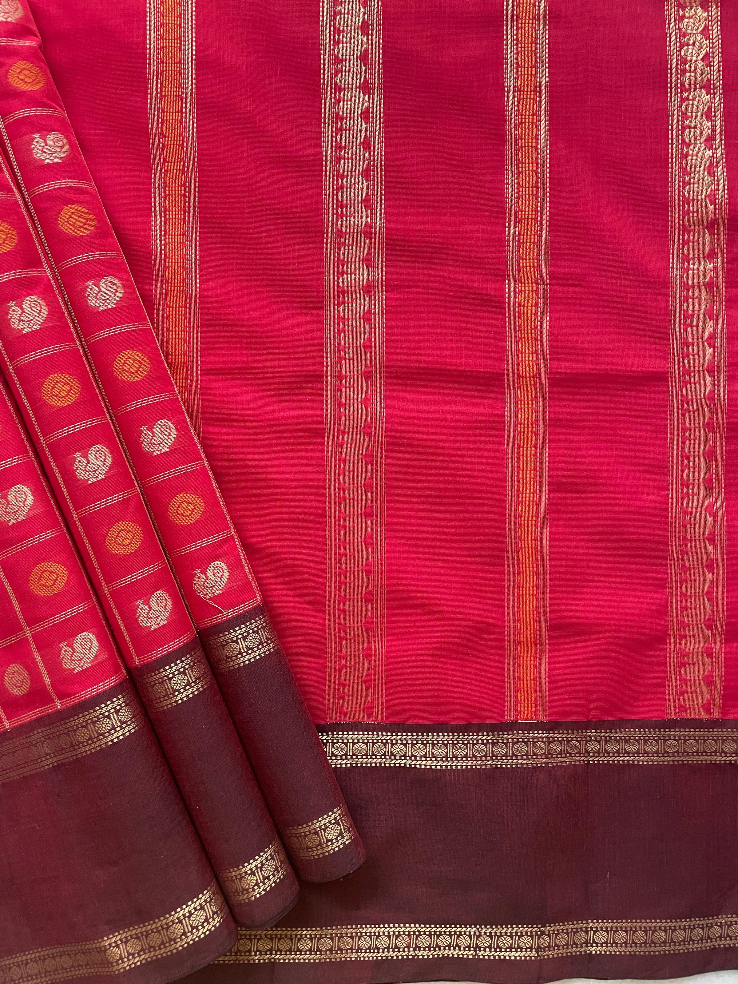 Pink Thousand Butta Handloom Kanchi Cotton Saree with Burgundy Zari Rettai Pet Border