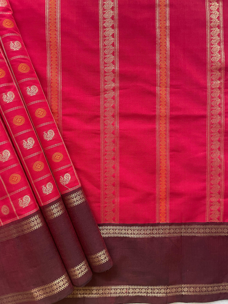 Pink Thousand Butta Handloom Kanchi Cotton Saree with Burgundy Zari Rettai Pet Border
