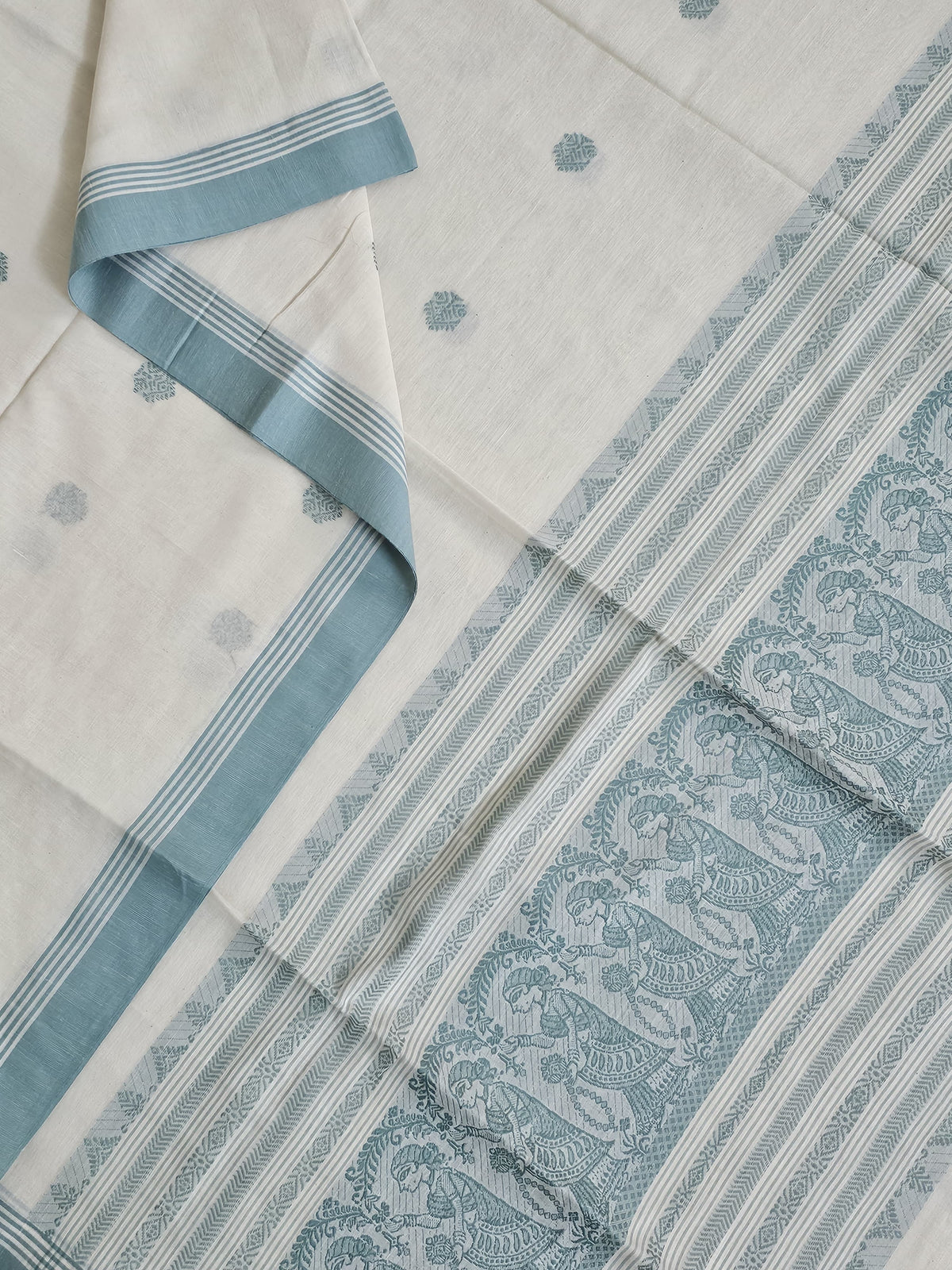 Pravya – Off-White Handloom Bengal Cotton Saree with Muted Teal Baluchari Motifs