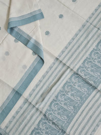 Pravya – Off-White Handloom Bengal Cotton Saree with Muted Teal Baluchari Motifs