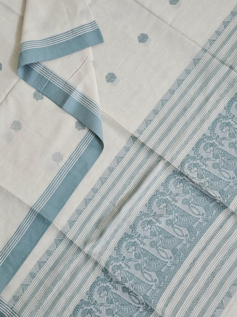 Pravya – Off-White Handloom Bengal Cotton Saree with Muted Teal Baluchari Motifs