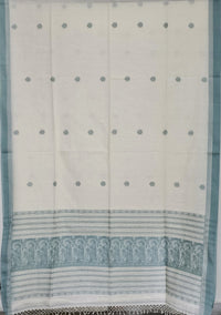 Pravya – Off-White Handloom Bengal Cotton Saree with Muted Teal Baluchari Motifs