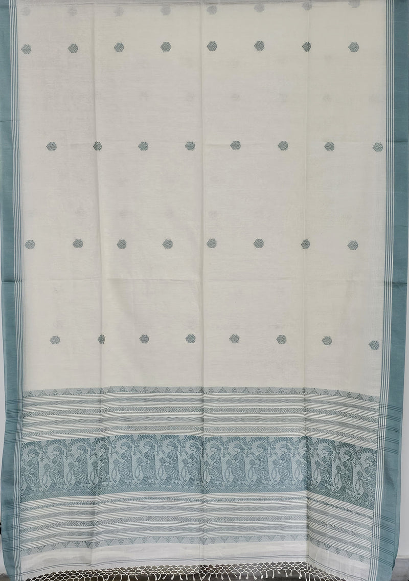 Pravya – Off-White Handloom Bengal Cotton Saree with Muted Teal Baluchari Motifs