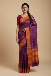 Vaidehi - Purple Ikkat Cotton Saree with Orange Border