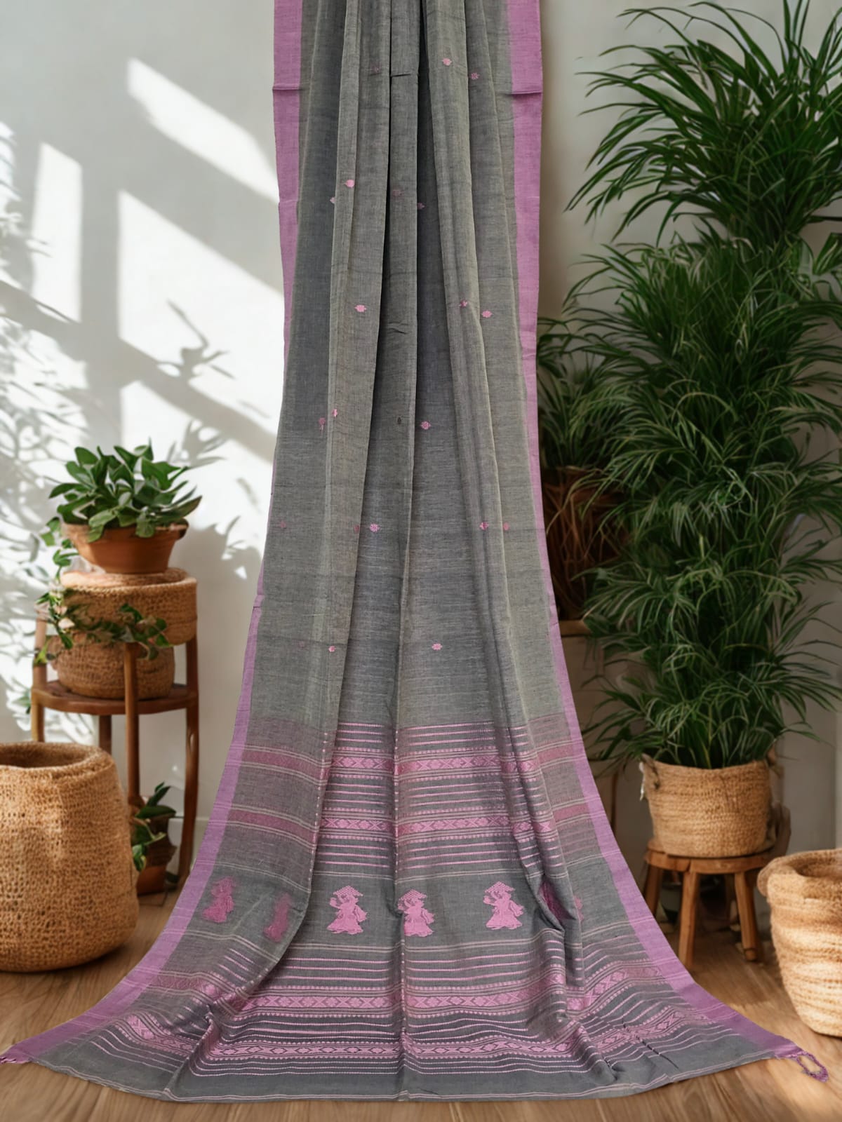 Raagya – Grey Handloom Khadi Saree with Pink Baluchari Motifs
