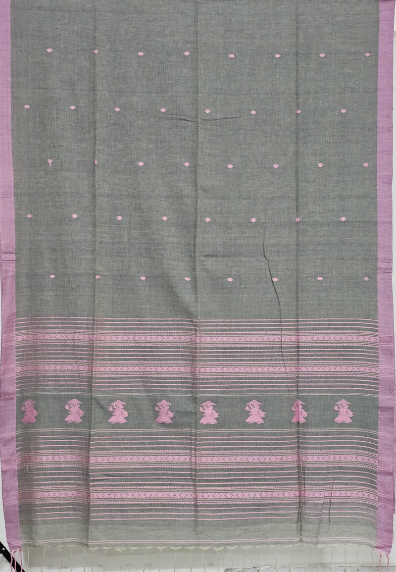 Raagya – Grey Handloom Khadi Saree with Pink Baluchari Motifs