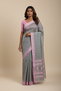 Raagya – Grey Handloom Khadi Saree with Pink Baluchari Motifs