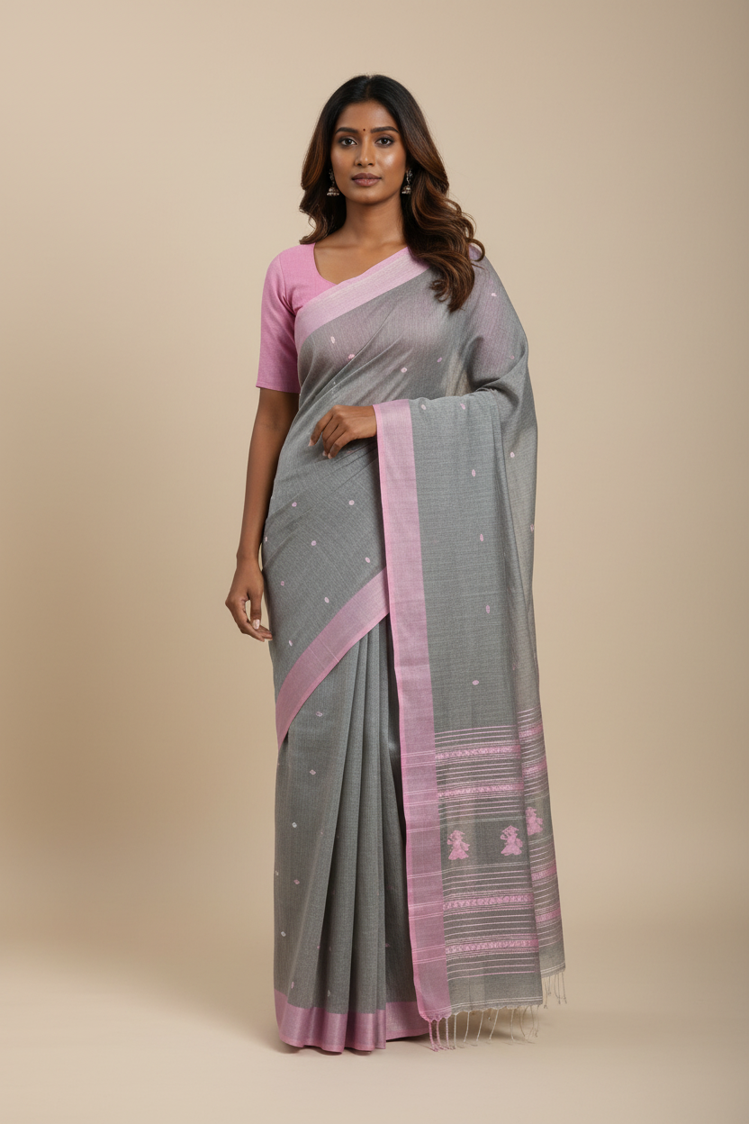 Raagya – Grey Handloom Khadi Saree with Pink Baluchari Motifs