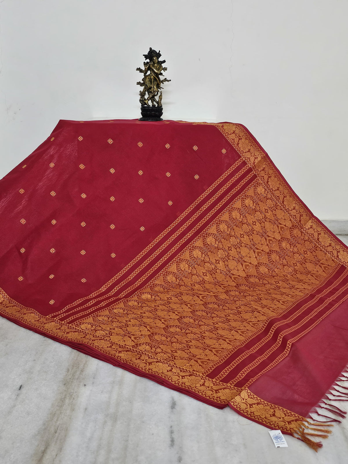 Red Handloom Organic Kanchi Cotton Saree with Yellow Floral Border