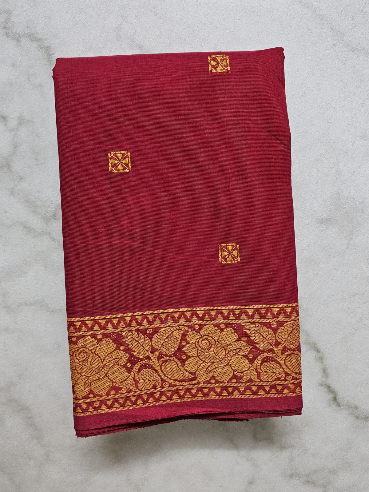 Red Handloom Organic Kanchi Cotton Saree with Yellow Floral Border