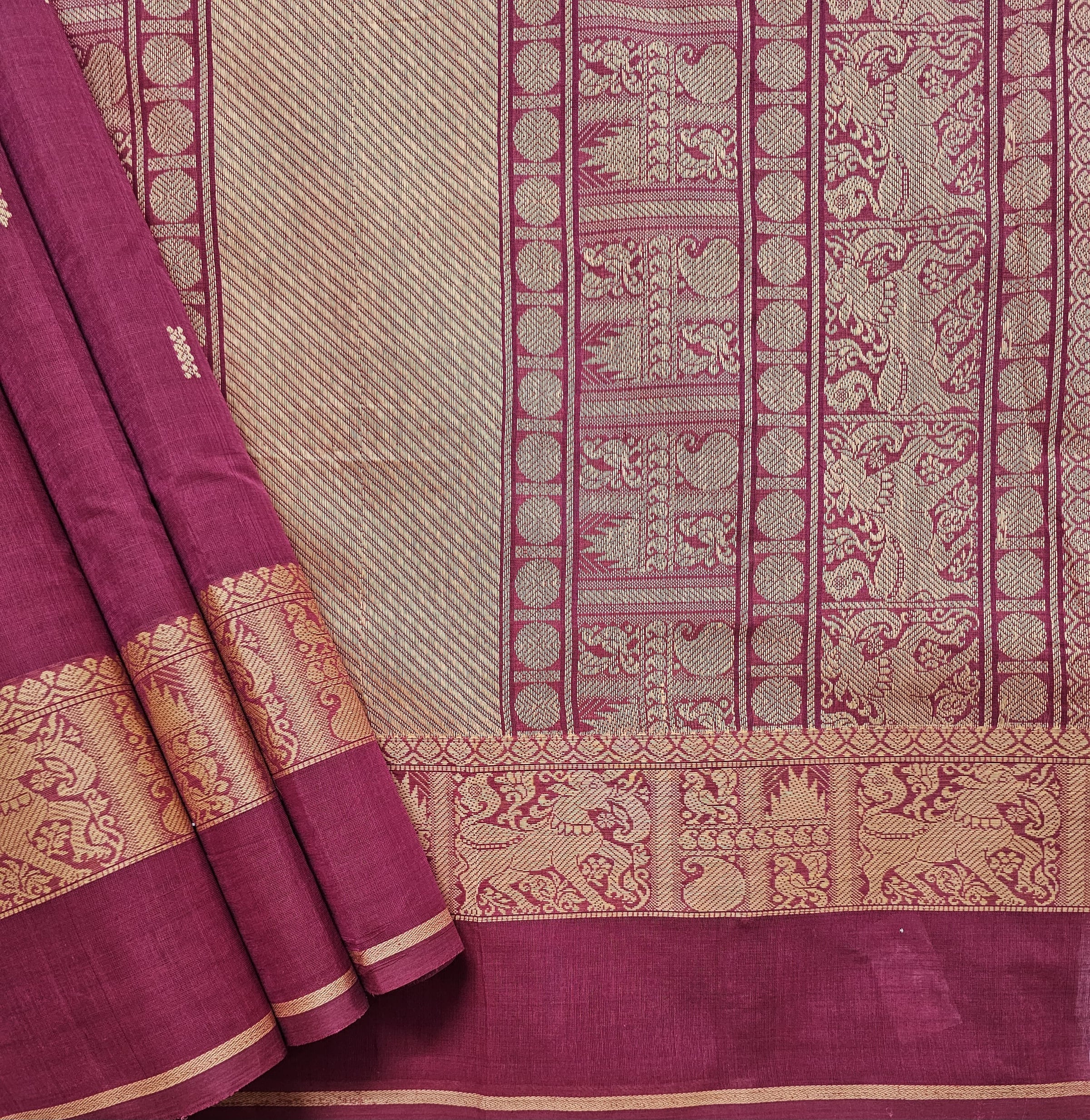 Red Handloom Organic Kanchi Cotton Saree with Yellow Yali Border