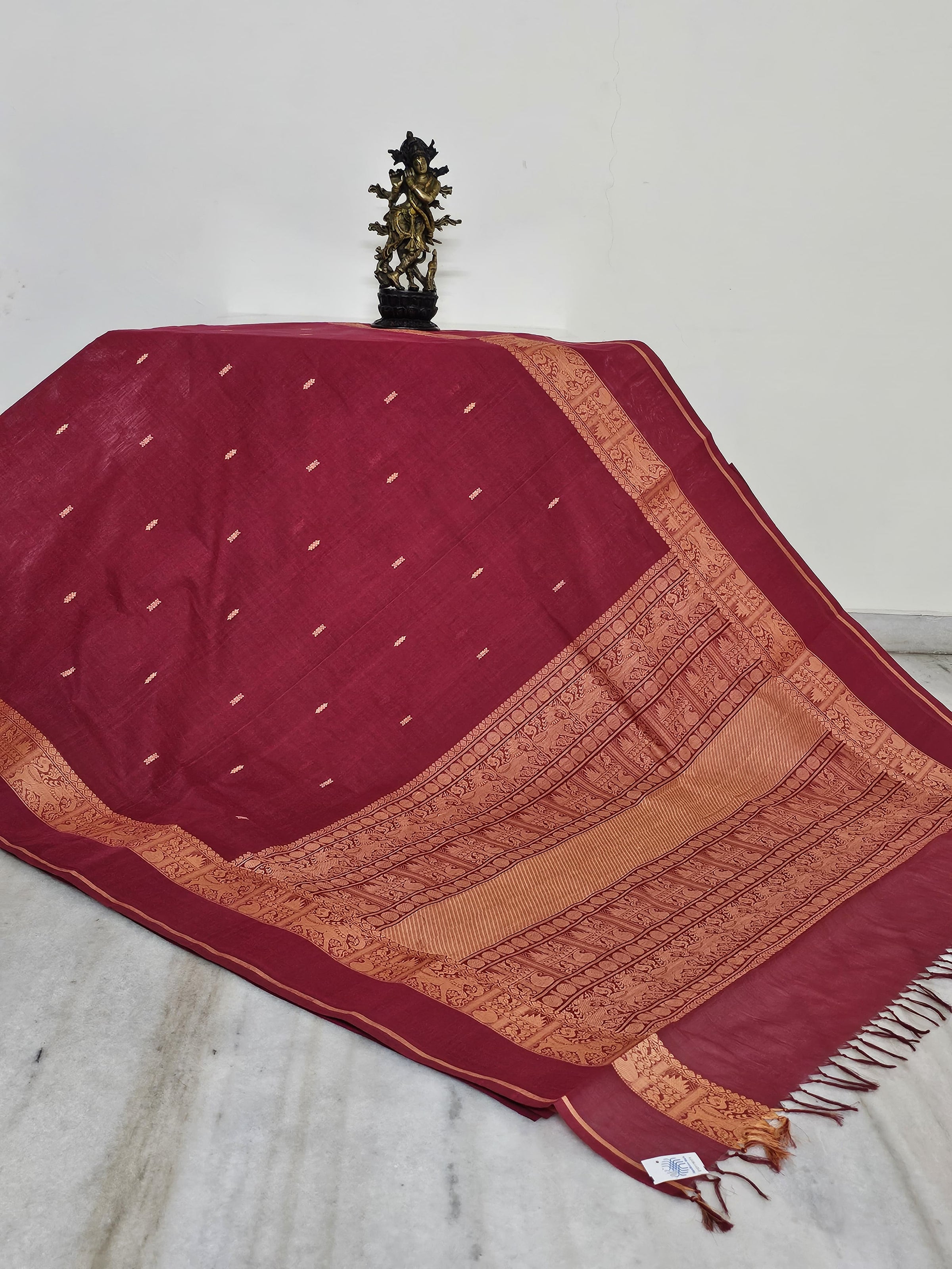 Red Handloom Organic Kanchi Cotton Saree with Yellow Yali Border
