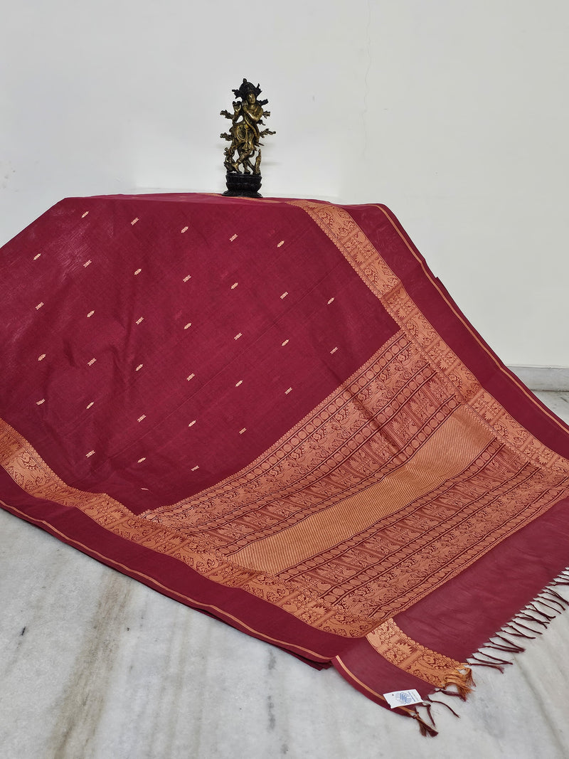Red Handloom Organic Kanchi Cotton Saree with Yellow Yali Border