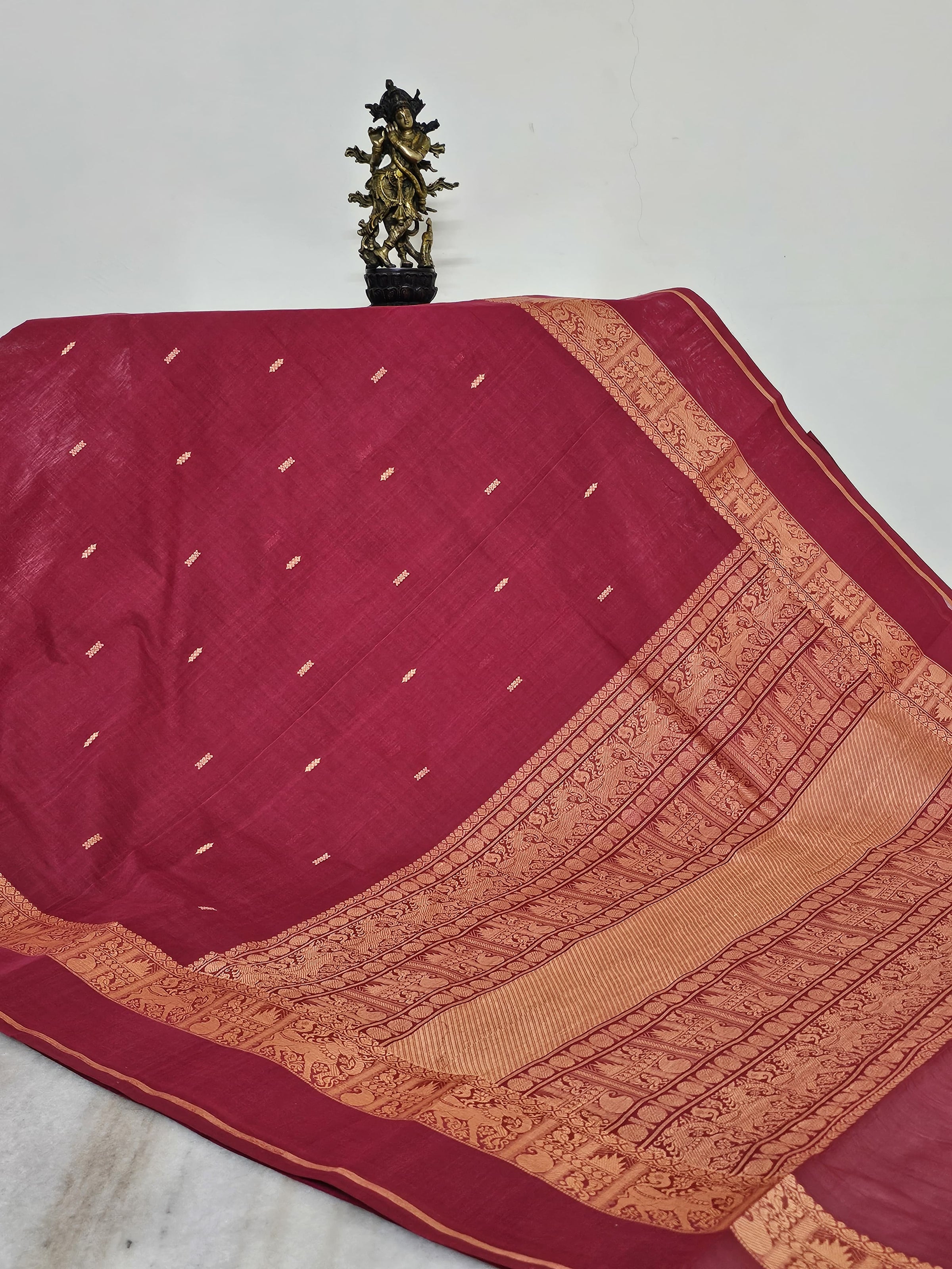 Red Handloom Organic Kanchi Cotton Saree with Yellow Yali Border