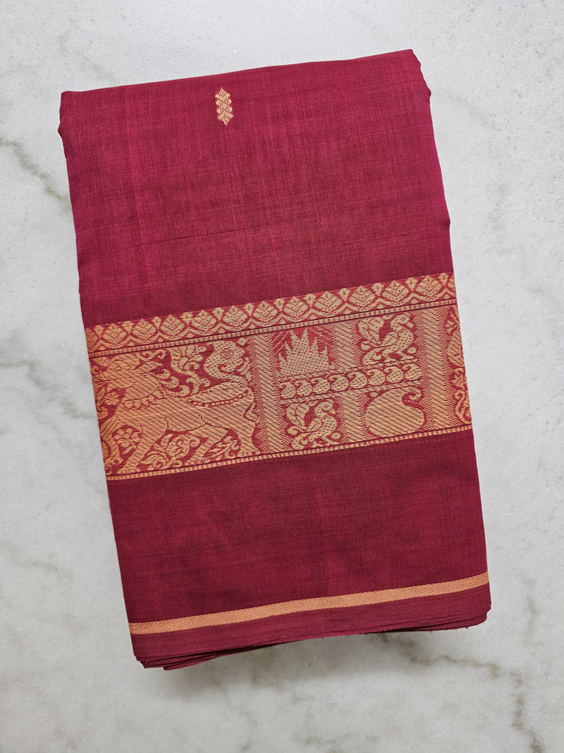 Red Handloom Organic Kanchi Cotton Saree with Yellow Yali Border