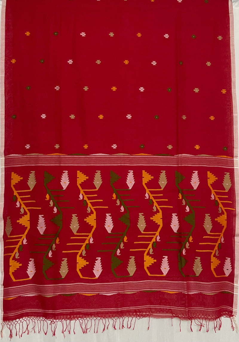 Red Jamdhani Handloom Mul Cotton Saree