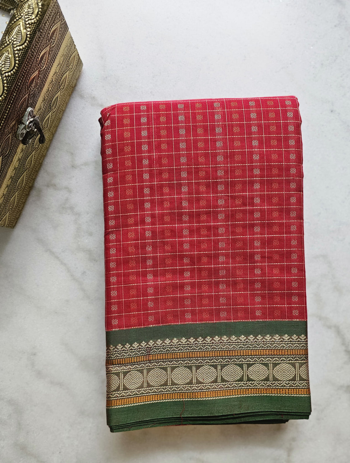 Mangala – Red Lakshadeepam Handloom Kanchi Cotton Saree with Green Coin Motifs