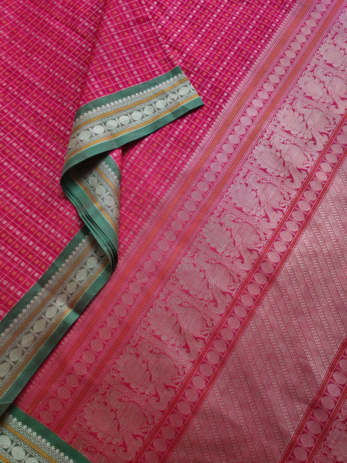 Mangala – Red Lakshadeepam Handloom Kanchi Cotton Saree with Green Coin Motifs
