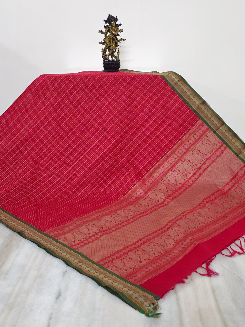 Mangala – Red Lakshadeepam Handloom Kanchi Cotton Saree with Green Coin Motifs