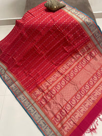 Red Thousand Butta Handloom Kanchi Cotton Saree with Teal Blue Border