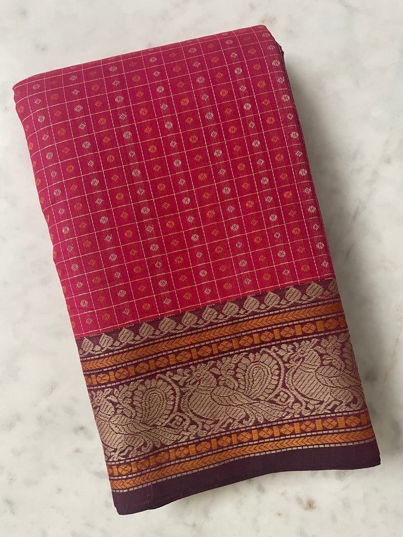 Red and Pink Dual Tone Lakshadeepam Handloom Kanchi Cotton Saree