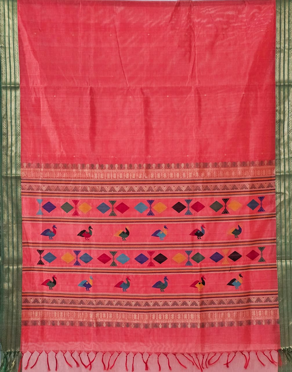 Rochika – Coral Peach Handloom Kanchi Silk Cotton Saree with Bomkai Pallu